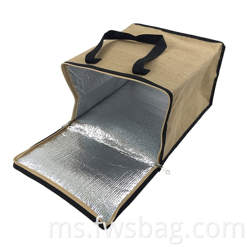 Logo yang boleh diguna semula oleh zipper yang boleh diguna semula Tote Hessian Jute Cooler Bag untuk Foil Foil Insulated Bag